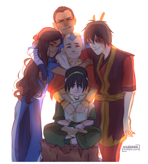 trans-suki:nikadonna:some gaang group hug :)[ID: a digital group portrait of Katara, Sokka, Aang, Zu