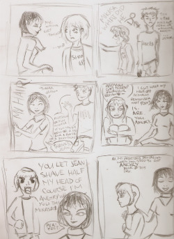 chainsawmascara:  Here is the super-duper rough sketch of a comic I may or may not completely script and redraw and make a thing about a punk rock snk au where Mikasa helps Armin find his inner badass through roller derby and haircuts from Jean. I haven’t