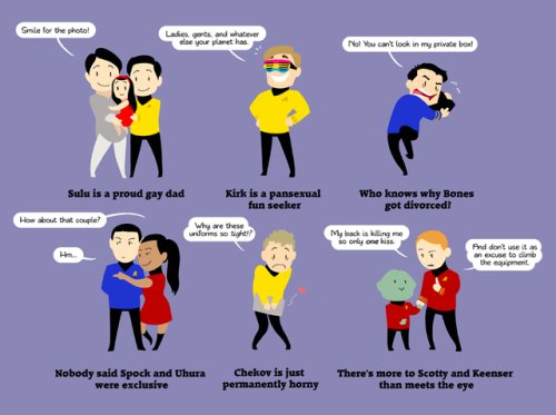 thehumon:Have some Star Trek fanart like it’s 2016.The characters’ sexualities according to Simon Pe