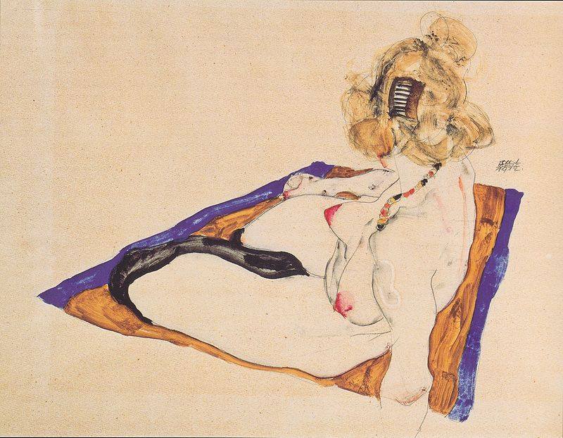 elegialane:  Nude on a Striped Blanket - Egon Schiele 
