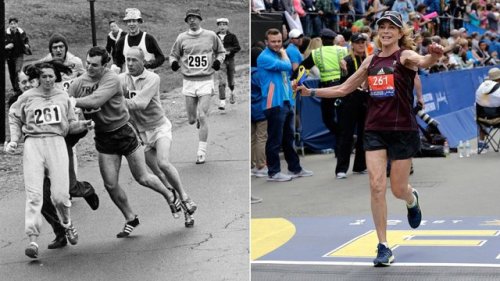 1967 yılında ilk defa bir kadın olarak maraton koşmuş ve bu yüzden itilip kakılmış Katharine Switzer