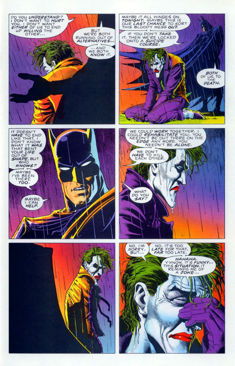 Memorable Moments in Comic Books: Batman tries to help the Joker Source: The Killing Joke.  Despite 