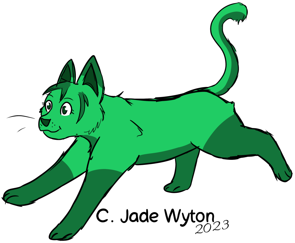drawing of a green cat running to the left