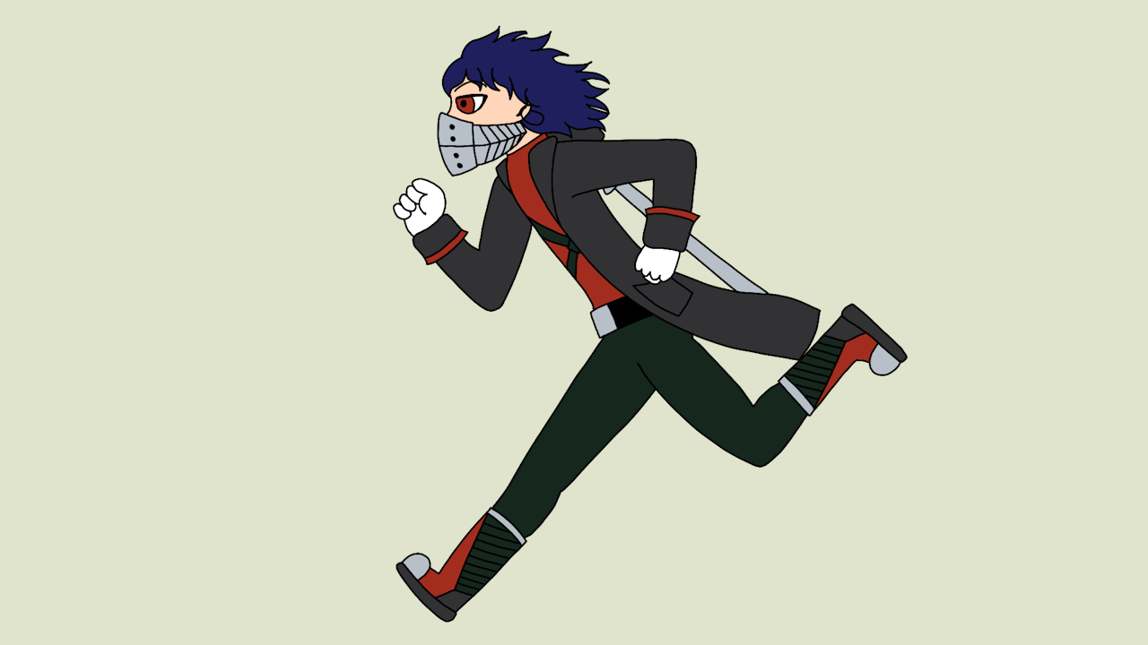 A GIF of Izuku in his Yamikumo uniform, running to the left, with his sniper bouncing on his back. The background is light grey. 