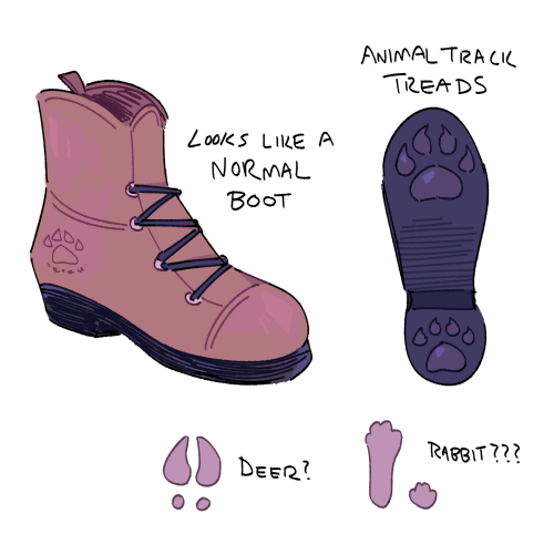 mrspider:mrspider:mrspider:listen i do not mean this in a furry way at all and i know the actual tread of this would be ass but let me say. i would very much like it if there were boots that made animal tracks instead of boot tracks. i just think thatd