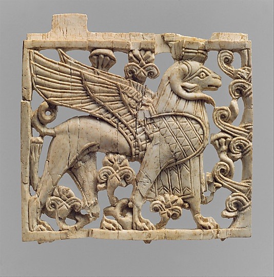 virtual-artifacts:  Openwork plaque with ram-headed sphinx Period: Neo-Assyrian Date: