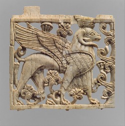 virtual-artifacts:  Openwork plaque with ram-headed sphinx Period: Neo-Assyrian Date: ca. 9th–8th century B.C. Geography: Mesopotamia, Nimrud (ancient Kalhu) Culture: Assyrian Medium: Ivory 