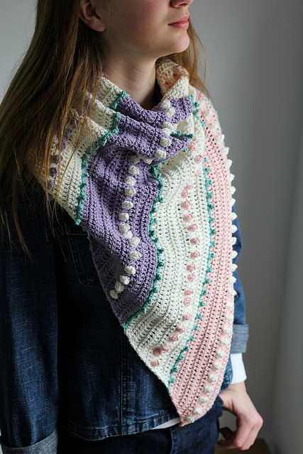 ericacrochets:Spring Lark Asymmetrical Scarf by Nana’s Crafty HomeFree Crochet Pattern Here