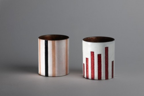 Ettore Sottsass, design drawing for enamel and the result, enamelled copper vases. From the exhibiti