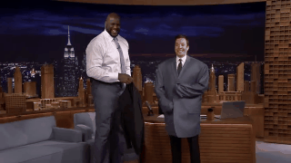 Jimmy Fallon trying on Shaq’s suit…