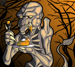 Finally caught up with Drawlloween! Today’s theme was Pumpkin, so I drew Pumpkinhead reluctantly partaking in a slice of pumpkin pie.