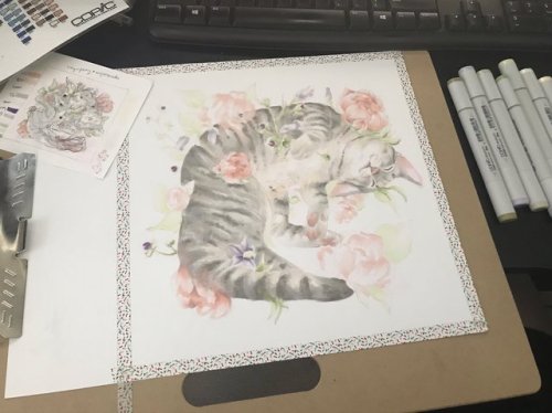alekivz:marker commission for a client of their cat, deadly nightshade, and some peonies, along with