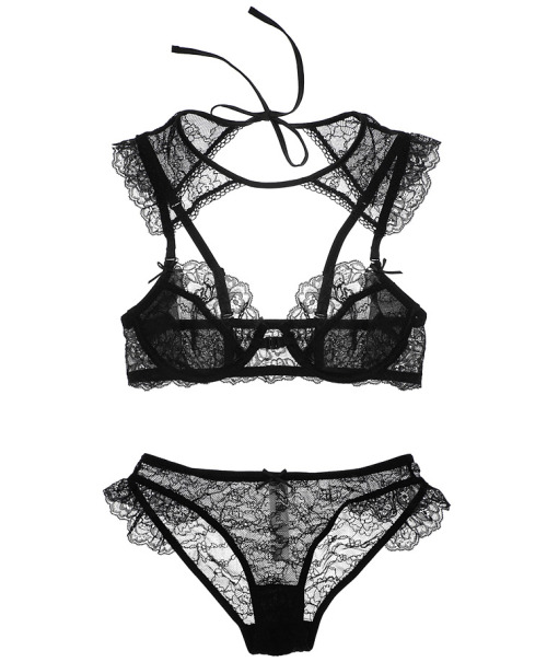 petitecherrycom: Black transparent lace bra and panty lingerie set with collar from Petite Cherry. S