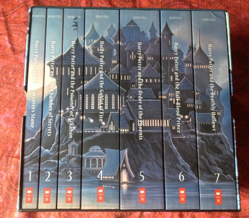 nicodiangeloisdead:  infallibleherondale:  maryannisawkward:  My new Harry Potter paperback set came in the mail! These have the cover illustrations by Kazu Kibuishi. Together, the set spines make Hogwarts castle and the illustrations around the set case