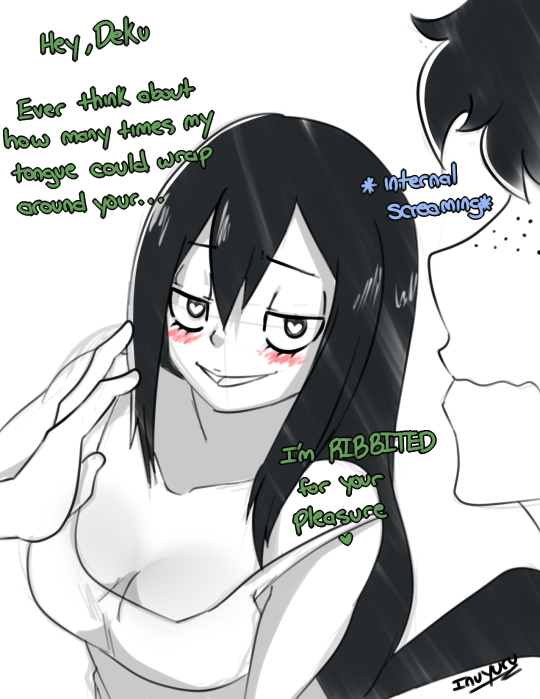 oolay-tiger: inu-strider:   inuyuru2:  oolay-tiger:  Froppy: Hey Deku, you ever think about how many times my tongue could wrap around your- Deku: *Incoherent screaming* Froppy: I’m RIBBIT-ed for your pleasure! 🐸  Tsuyu ASSui   The puns…   YES