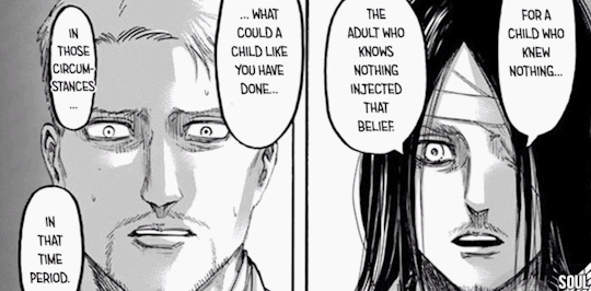 nakamatoo: Before anyone calls Eren “Evil” or “coldblooded” I just want to remind everyone a passage in this chapter that i’m surprised not a lot of people are talking about. The moment Eren entered into Marely his whole worldview on the people