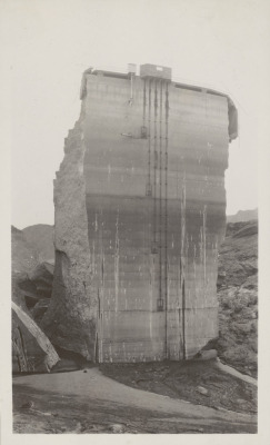 gunsandposes-history:  THE TOMBSTONE — The base of the center section of the St. Francis Dam—nicknamed “The Tombstone”—that remained standing after the dam’s collapse in 1928. Photo by Charles H. Lee (1883-1967). (University of California,