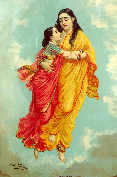 Menaka and Sakunthala (oil painting on canvas) - Apsaras Menaka taking her daughter Sakunthala while