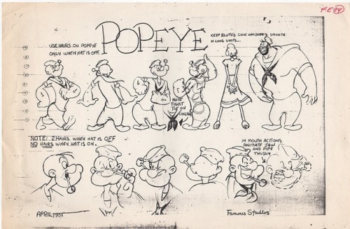 Popeye model sheets (and Bluto, Olive, and Wimpy), from Famous Studios, which grew out of Fleischer 