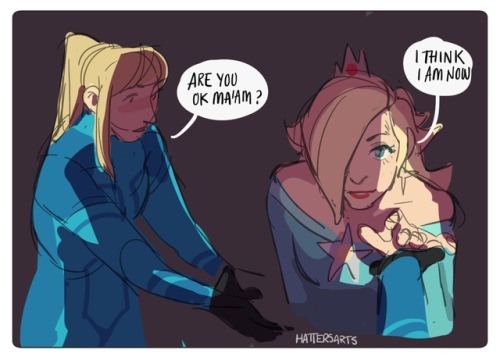 hattersarts:  super mario galaxy but samus hears a distress call that rosalina sends out and now its Super Samus Galaxy and rosalina gives samus a kiss every time she brings back a star, she also kisses her at other times as well