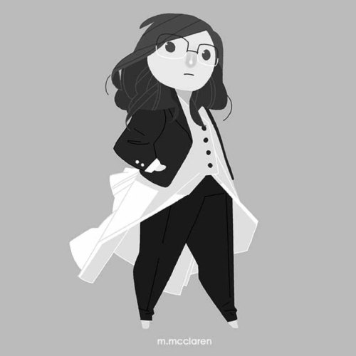 [Description: A black and white cartoon version of myself wearing a black jacket, white shirt/dress 