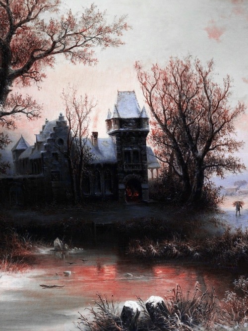 Romantic winter landscape with gothic castle by Albert Bredow (1828-1899)