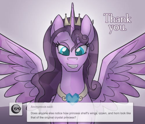 ask-king-sombra:WOAH THE ORIGINAL CRYSTAL PRINCESS…=O! HOLY BEANS. OwoLOL at “mySHELF”. 