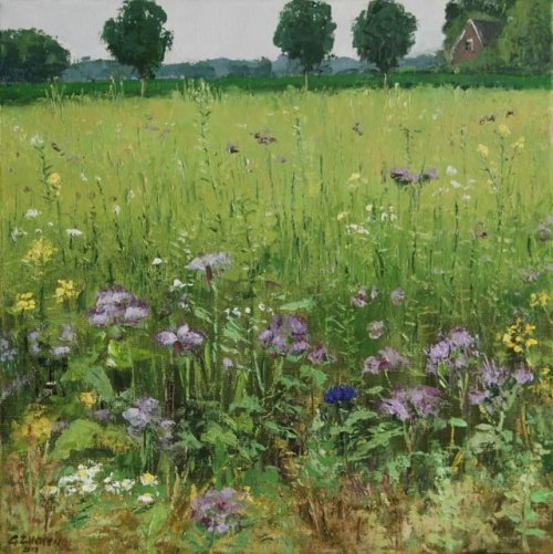 Bees Field   -   Gineke Zikken  Dutch b.1959-Oil on canvas, 40 x 40 cm