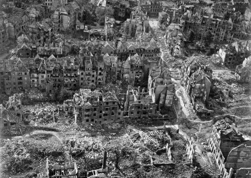 soldiers-of-war:GERMANY. Essen. 1945. An aerial view of a bomb-damaged residential area after an All