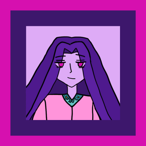 alejandro looking a bit breezy with a smile, fuchsia eyes and violet-toned hair. his tunic is colored pink with aqua sea and sun design along the neck. the background is lavender, dark violet and fuchsia.