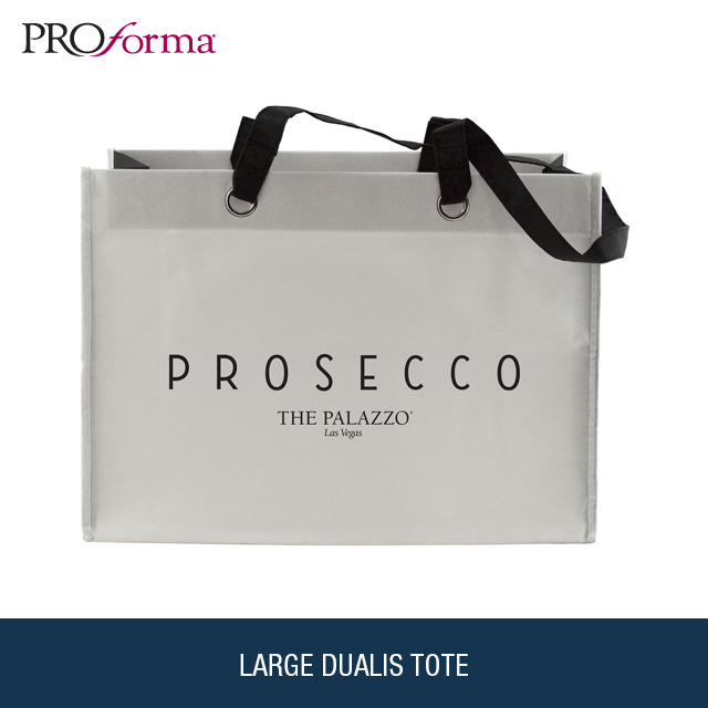 The Large Dualis Tote will be sure to charm all of its recipients. This duo-tone reusable tote features a cardboard reinforced top and is available in Black, Natural, Navy Blue and Red.