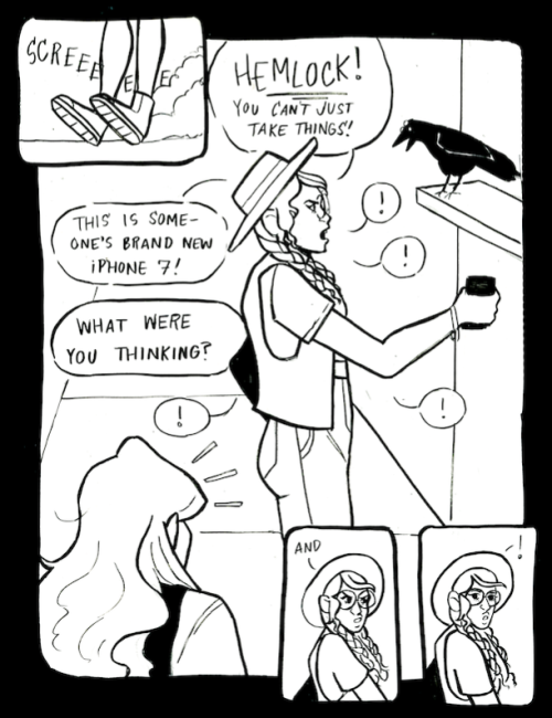 noviebird: witch’s familiar, a super-rushed 8-page comic about a human named November, a crow 