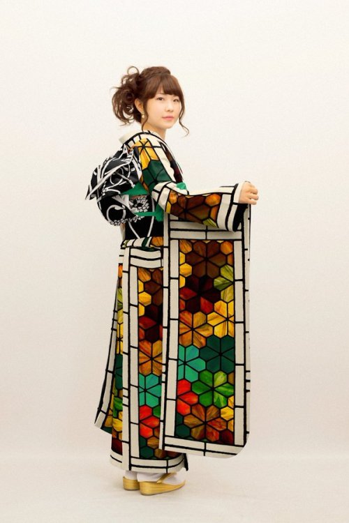 thekimonogallery:Stained glass pattern furisode by Gofukusayan