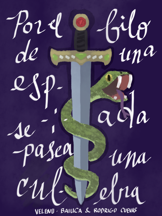 serpent coiled around a sword with lyrics from Veleno