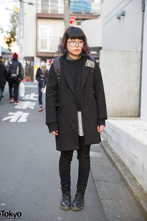 tokyo-fashion:  21-year-old Moja on the street in Harajuku wearing a black WEGO coat over a Spinns sweater, Uniqlo skinny jeans, boots, and a Bunkaya Zakkaten camera pin. Full Look