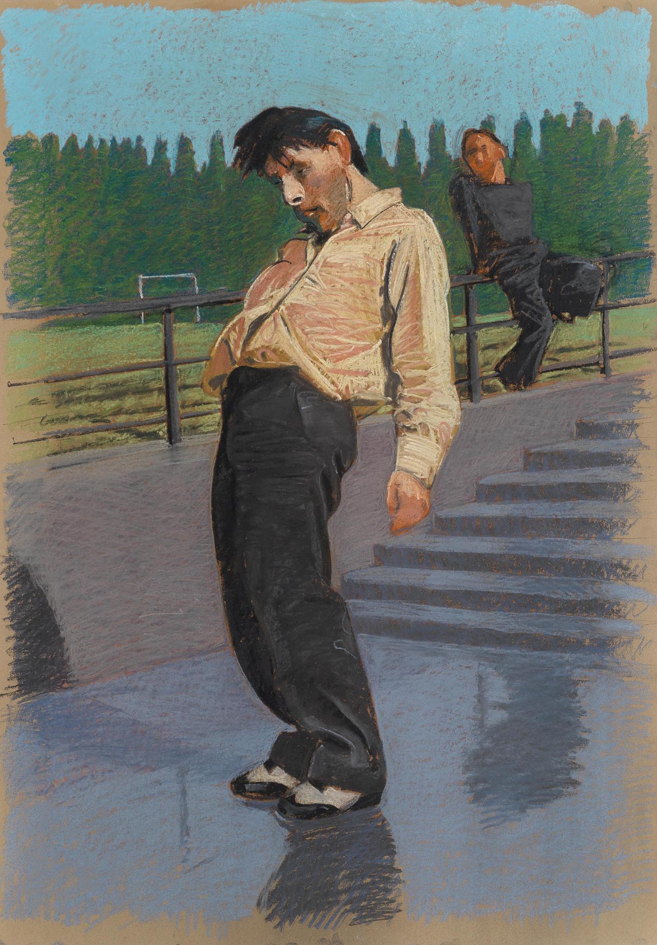 thunderstruck9:Johannes Grützke (German, b. 1937), Ice-sliding. Pastel chalk on