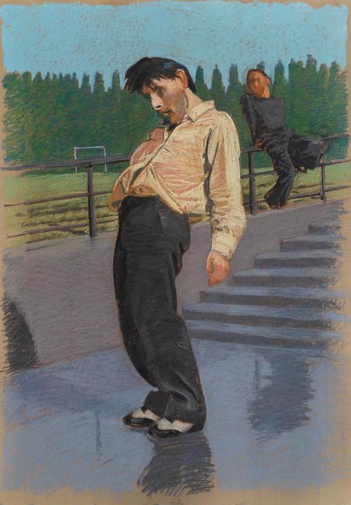 thunderstruck9: Johannes Grützke (German, 1937-2017), Ice-sliding. Pastel chalk on packaging paper, 99 x 69 cm.
