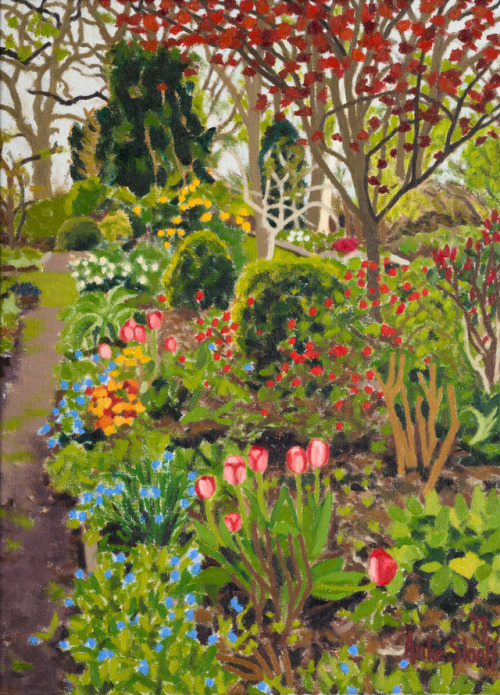 Garden Freezer corner, spring (Prunus, Tulips)  -   Anke Slooff, 2017.Dutch,b. 1930soil on canvas ,