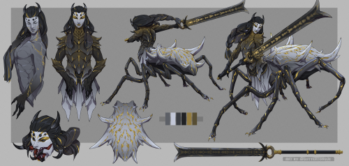 A character design sheet. The character is a half-spider woman with a humanoid torso, and the lower body of a spider. She has long hair that is bound back in a thick braid, and four additional eyes on her forehead. She is finely armored, and cracks of gold line most of her body where it is exposed. She wields a large greatsword with an extended handle, its blade covered in glowing runes.