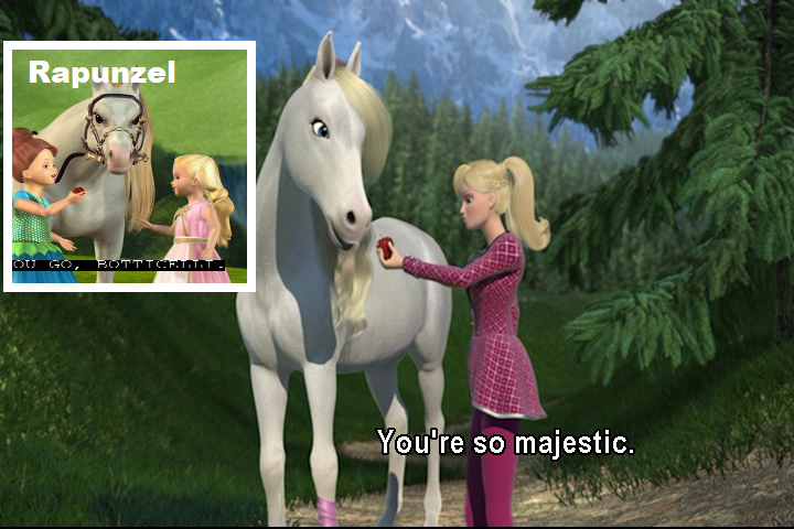 Barbie Movies Trivia — Girl giving an apple to a white horse