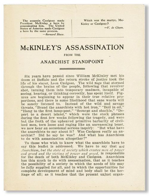 New Arrivals: An attractive copy of MCKINLEY’S ASSASSINATION FROM THE ANARCHIST PERSPECTIVE (ca.1907