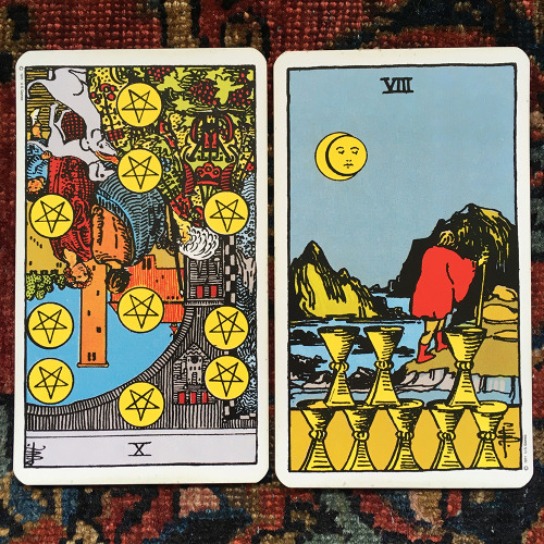 unhelpfultarot: Ten of Pentacles reversed and Eight of CupsOkay, fine, you can live in a society if 