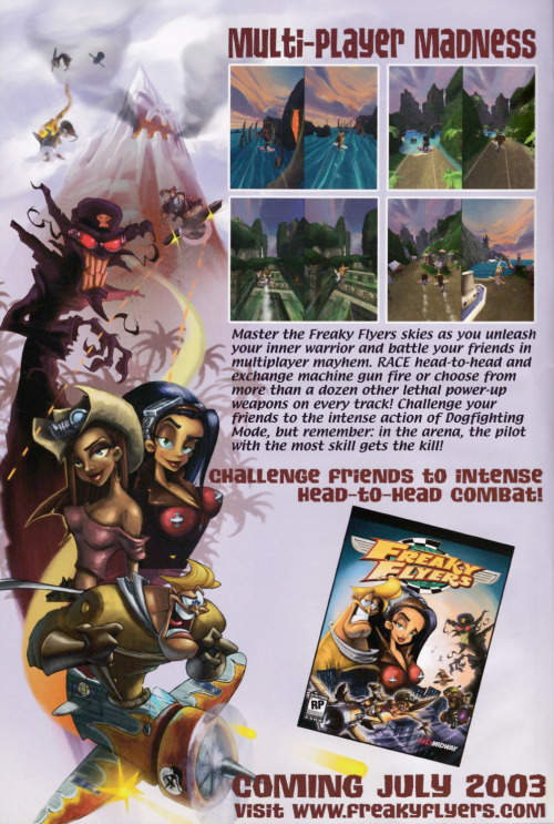 vgprintads:  “Freaky Flyers” [Flyer] GamePro, July 2003 (#178) The marketing team of Freaky Flyers knows that if your game has sexy girls, flaunt them around in bikinis for reader attention. Because adolecence. lol, flyer for Freaky Flyers… 