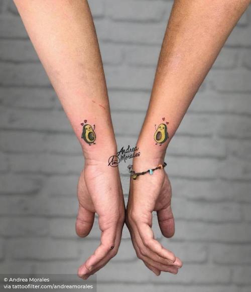 By Andrea Morales, done in Granada. http://ttoo.co/p/36033 andreamorales;avocado;best friend;facebook;food;fruit;illustrative;love;matching;matching tattoos for best friends;micro;nature;twitter;wrist