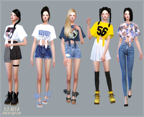 sims4-marigold:Summer Ribbon Wedge Heels &  Female_Combat Boots  & Tied Short Sleeves Crop