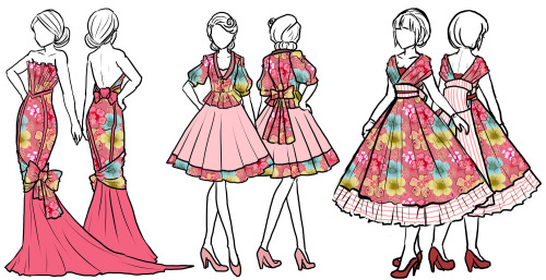 pardonmybloomers:  ladylawga:  Designs that I submitted for my FIDM application based on traditional Japanese fabric and retro Western silhouettes. (They…only wanted 6 I have no idea why I drew 18)  oh goodness that purple gown tho 