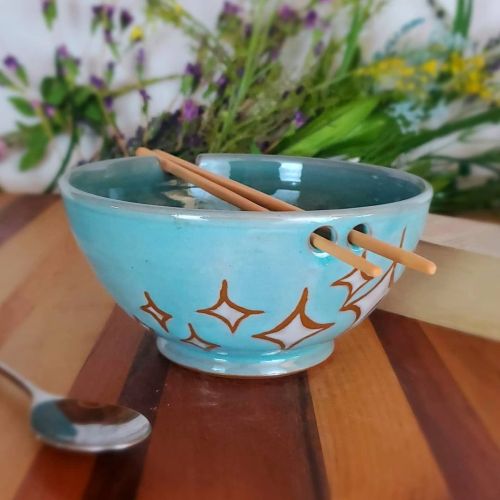 I will forever love this blue glaze! #stardust #chopstickbowls #art #clay #ceramics #noodlebowl #cer