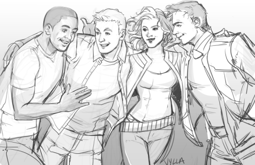 vylla-art: First commission for magesmagesmages! This time it’s Sam, Steve, Nat, and Bucky.