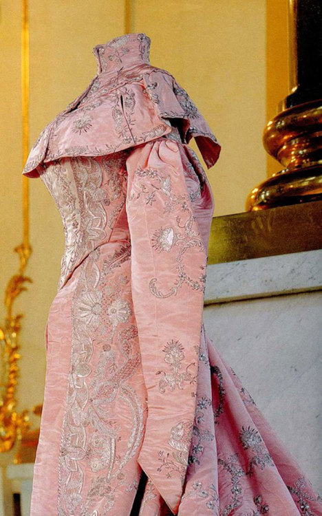 Russian court ceremonial dress of pink moire by Nadezhda Lamanova, late 19th-early 20th century