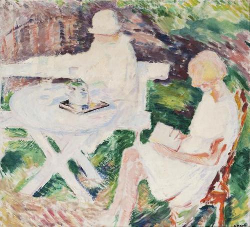 Two women sitting in a Garden    -    Arne Kavli Norwegian, 1878-1970Oil on canvas,  80 x 88 cm. (31